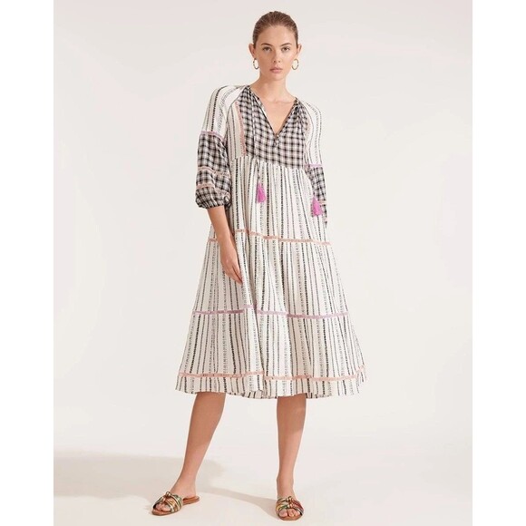 Veronica Beard Eileen Checked Cover-Up Midi Dress Eyelet Lace Cotton S 282094